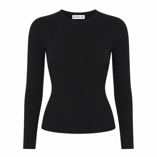 Black Essential Rib Long Sleeve Top